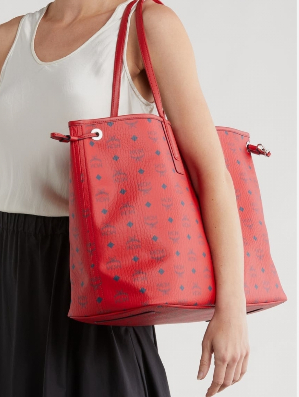 MCM Red Monogram Canvas Tote with Navy Accents